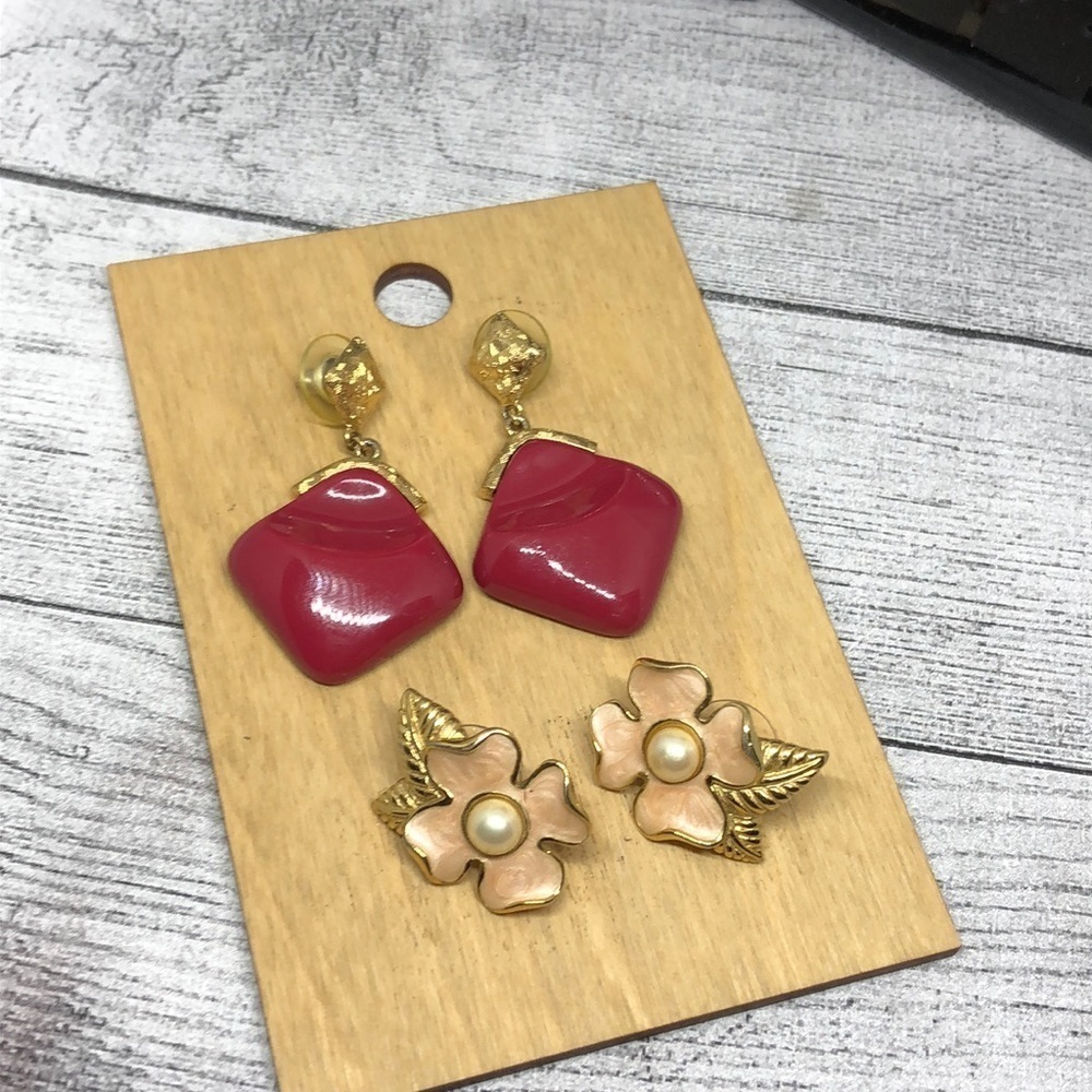 Bundle lot 2 vintage Trifari statement earrings enamel + dressy costume jewelry.